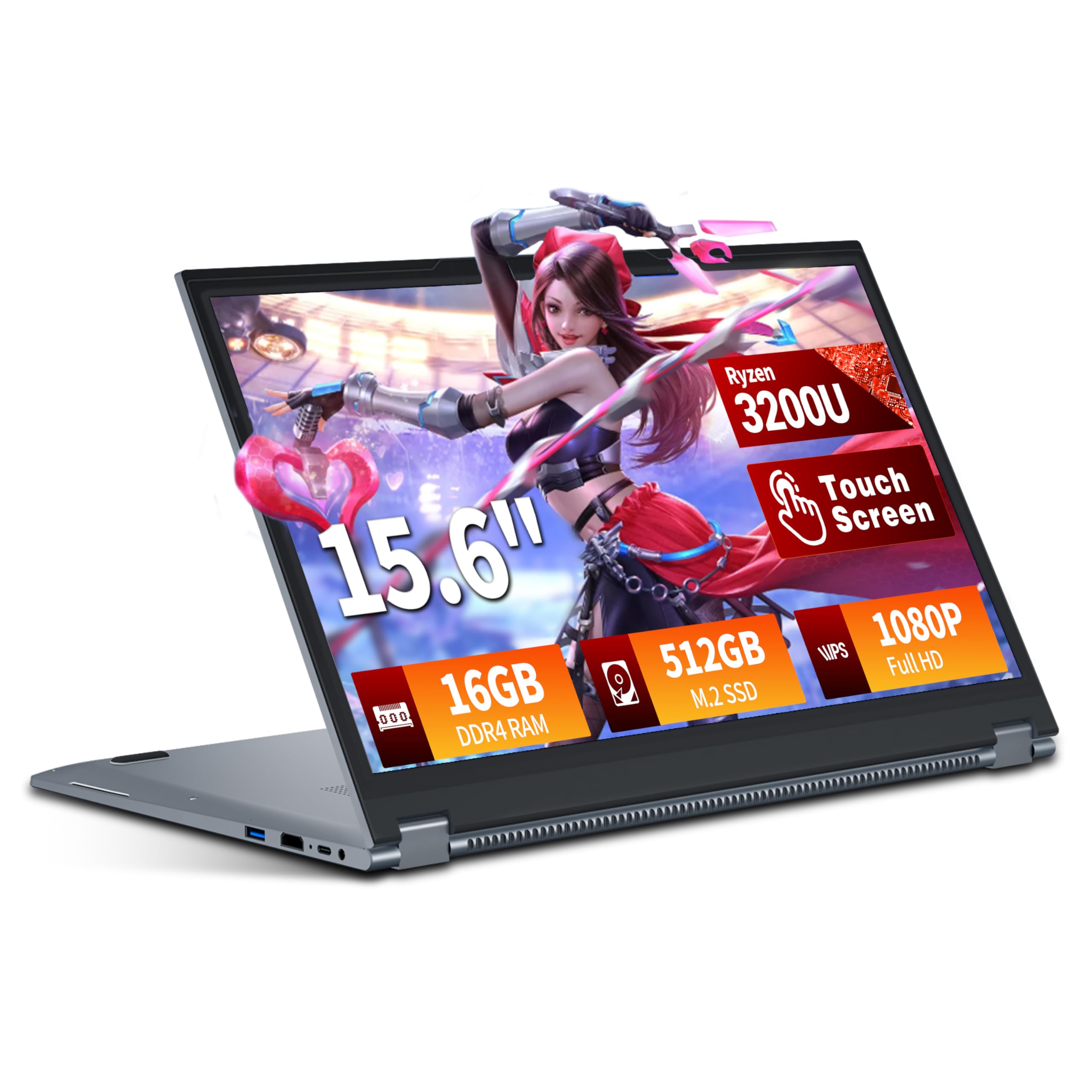 2 in 1 Touchscreen 15,6 Pollici PC Portatile Ryzen R3-3200U (fino a 3,5 GHz) Notebook 16GB RAM 512GB SSD 360° Rotation Touchscreen FHD IPS Win 11 Laptop Tastiera Retroilluminata RJ45 WIFI5 HDMI