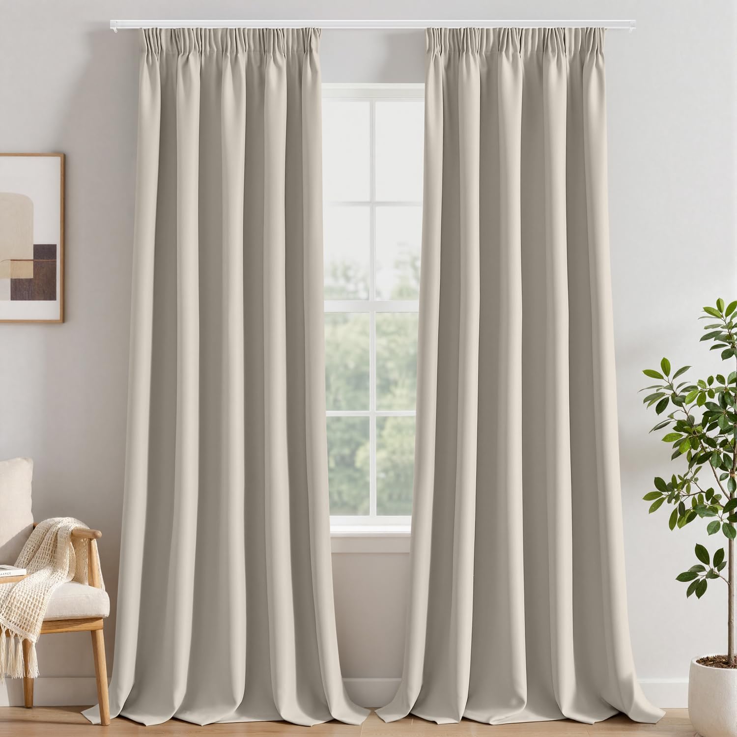 EMEMA Cortinas opacas con cinta fruncidora gris y beige opacas, 260 cm de largo, cortinas térmicas opacas para riel, cortinas para salón o dormitorio, cada uno de alto 260 x ancho 140 cm