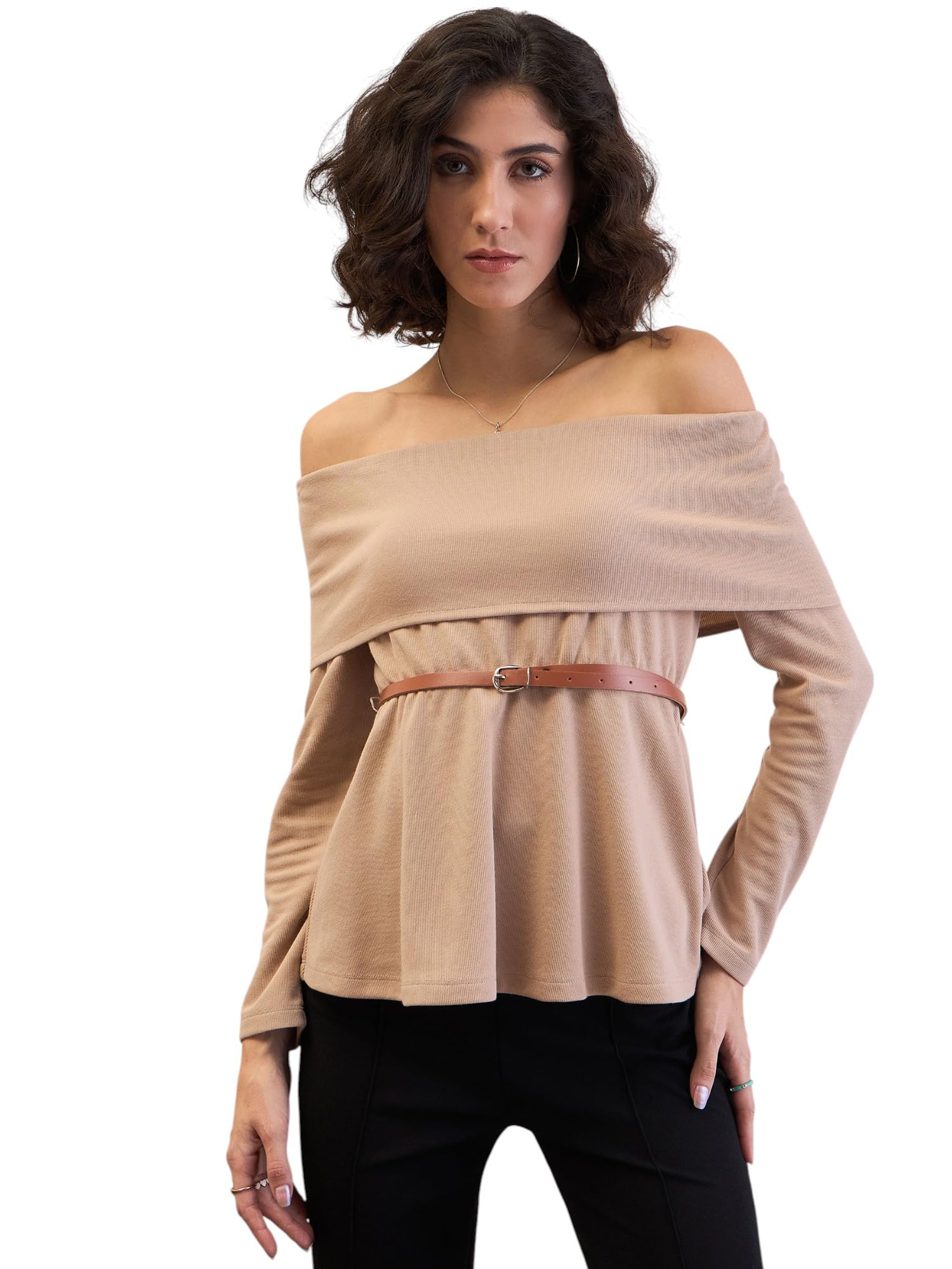 sassafras Beige Off-Shoulder Belted Peplum Top-picture-11