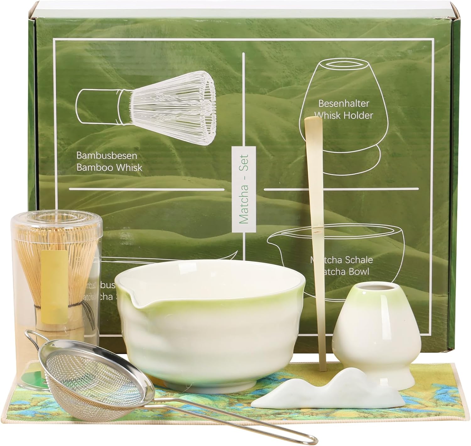 7PCS Matcha Set, Matcha Whisk Set Includes Matcha Bowl, Matcha Whisk and Holder（Chasen Holder）, Stainless Steel Sifter, Tea Spoon and Stand, Tea Towel (White)