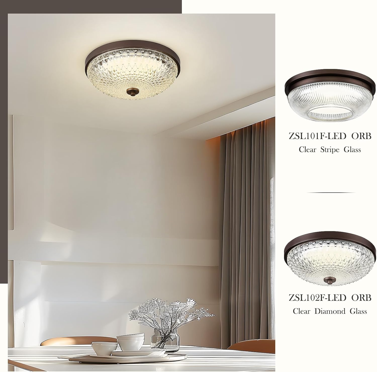 zeyu Vintage Ceiling Light Fixture, 24W LED Dimmable Farmhouse Close to Ceiling Light, 3000K-6500K Adjustable, Diamond Glass Shade in Oil Rubbed Bronze Finish, ZSL102F-LED ORB