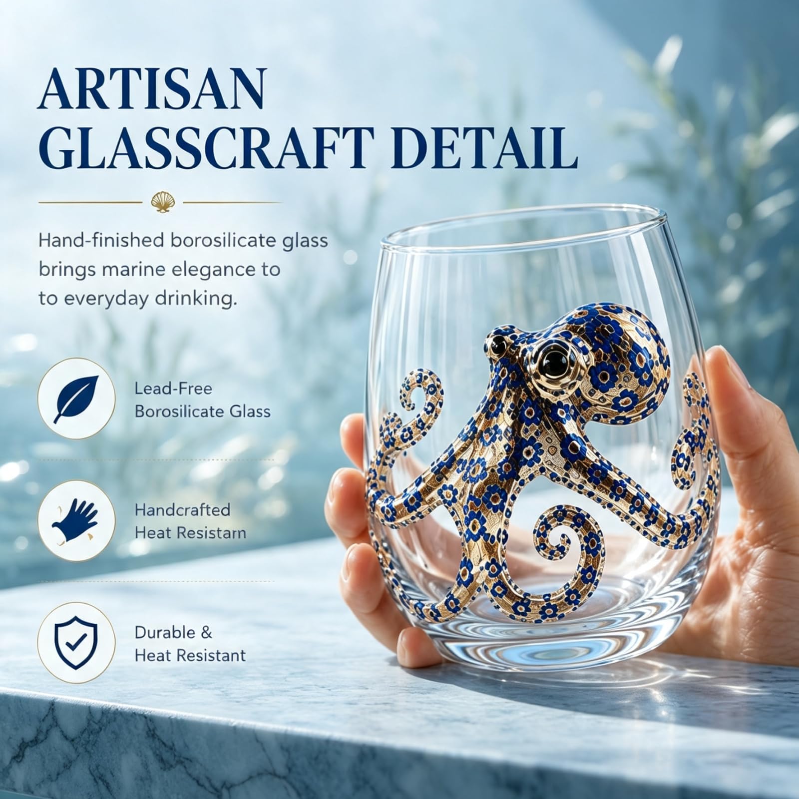 Blaugeringelter Oktopus Glas Set, 3D Ozean Kunst Trinkgläser 8 Stück | Handgefertigte Oktopus Trinkgläser. 3D Ozean Design. Set mit 8 einzigartigen Stücken. Ideal für Ozeanliebhaber als Geschenk.