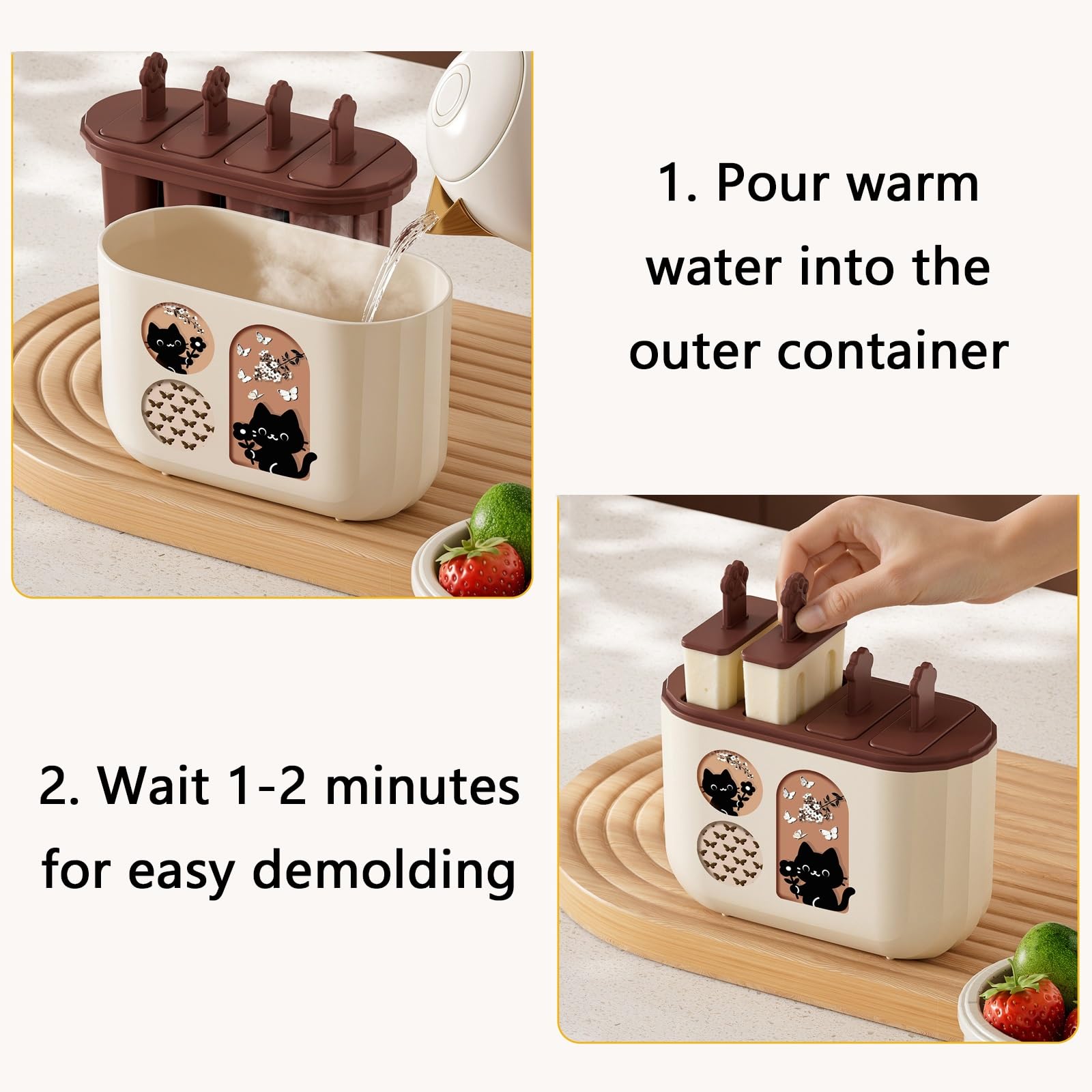 Molde Helados de 4 Cavidades, Molde para Helados, Fácil de Desmoldar, Reutilizable, para Reuniones de Verano, Picnics y Fiestas(Beige)