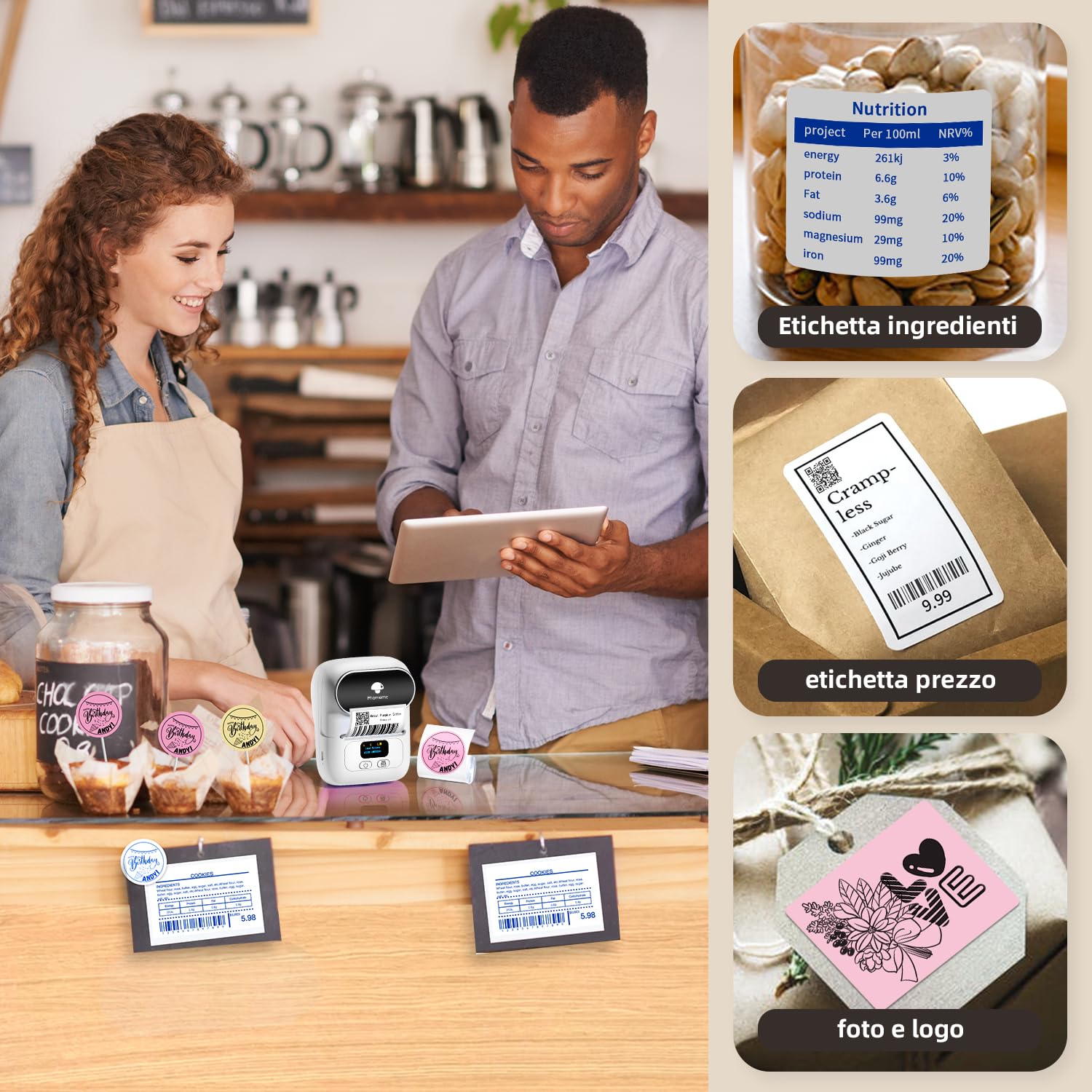 Phomemo Etichettatrice M110 Bluetooth Stampante Etichette Adesive, Stampante Termica Portatile Compatibile con iOS Android e PC, per Piccole Imprese, Negozio, Logo, Cucina, Indirizzo,Negozio
