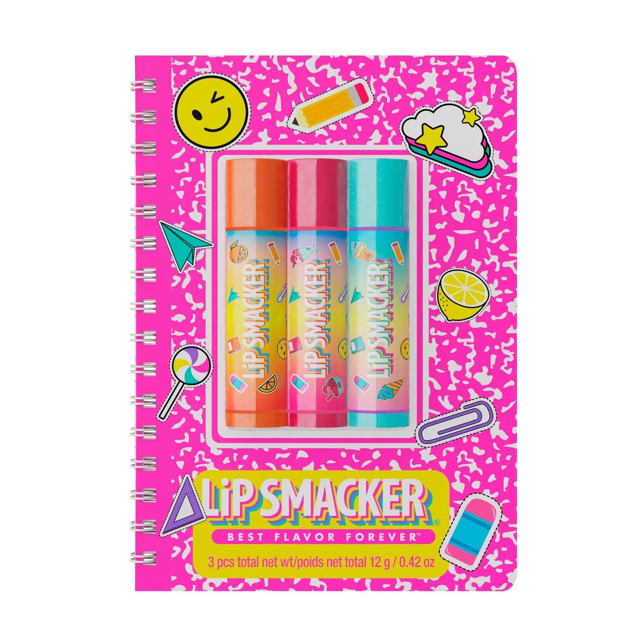 Lip Smacker, Back to School Collection, Spiral Notebook Lip Balm Trio, 3-Częściowy Zestaw Balsamów do Ust z Uroczym Notatnikiem dla Dzieci, Zabawny Balsam do Ust dla Dzieci, Różowy