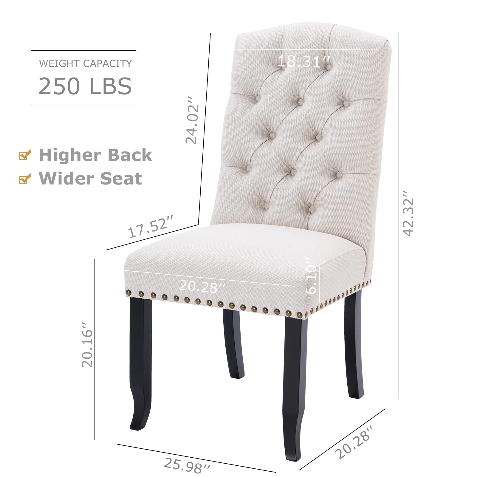 COLAMY Tufted Dining Chairs Set of 2, Upholstered Parsons Dining Room Chairs, Fabric Kitchen Side Chair with Nailhead Trim and Wood Legs, Beige ( set of 2 )