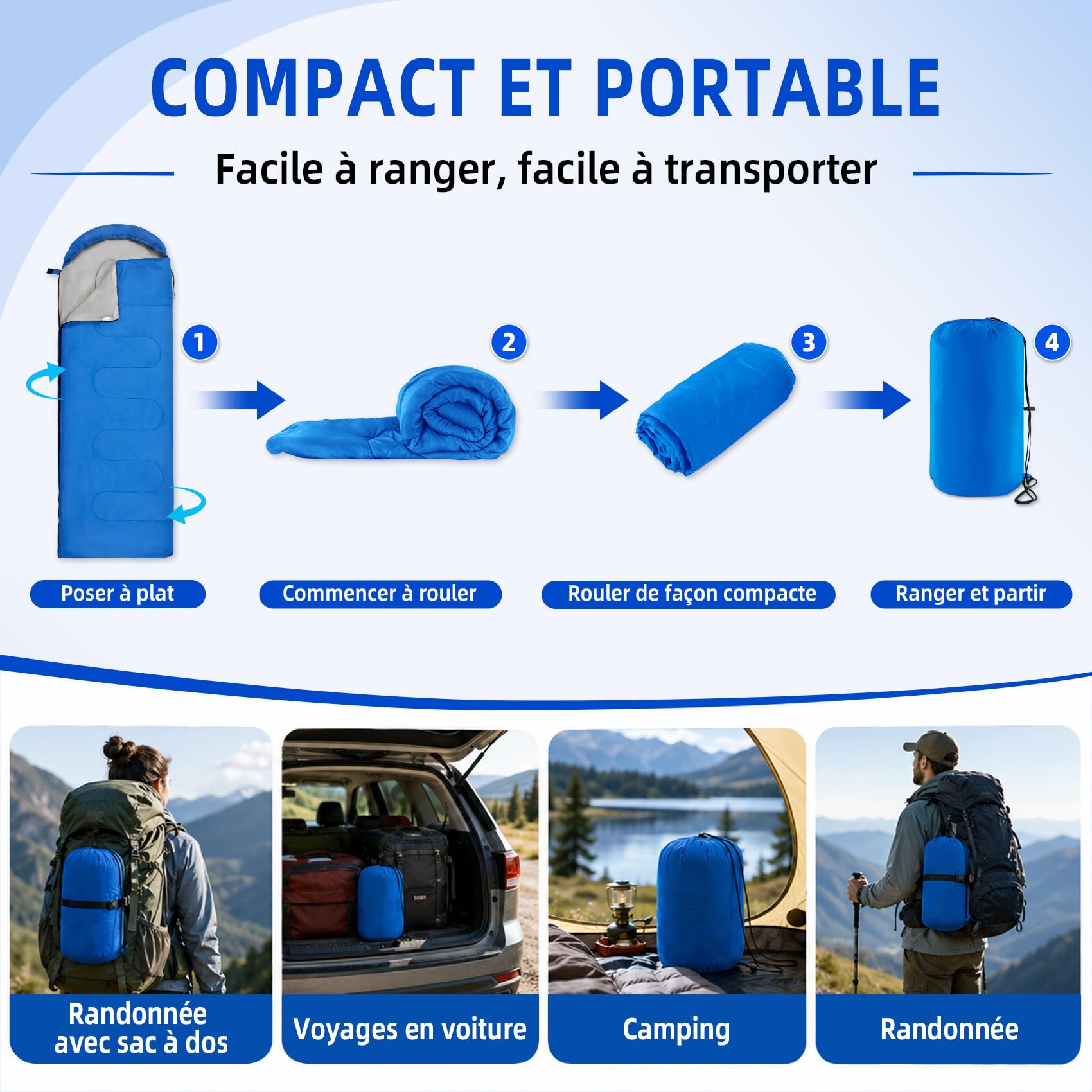 Sac de Couchage pour Adultes et Enfants, Léger, 3 Saisons | Portable, Déperlant, Robuste et Compact, avec Capuche et Fonction Couverture 2-en-1 pour Randonnée, Voyage et Sieste
