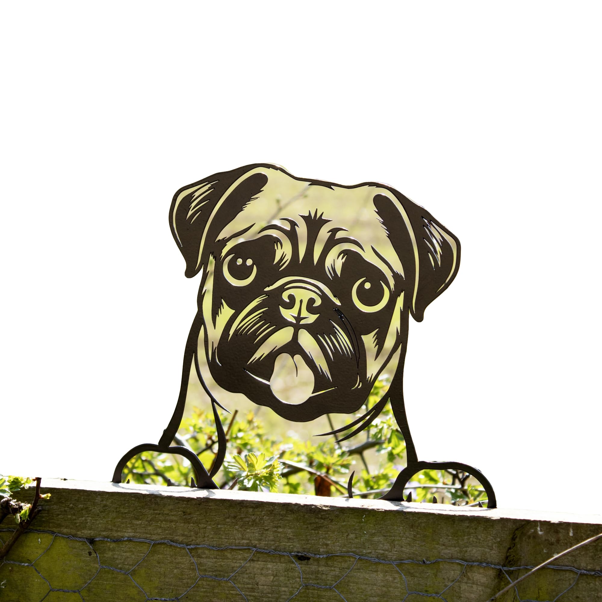 Peeking Pug Fence Topper 32x22cm Black Metal Pet Dog Head Silhouette Garden Decoration