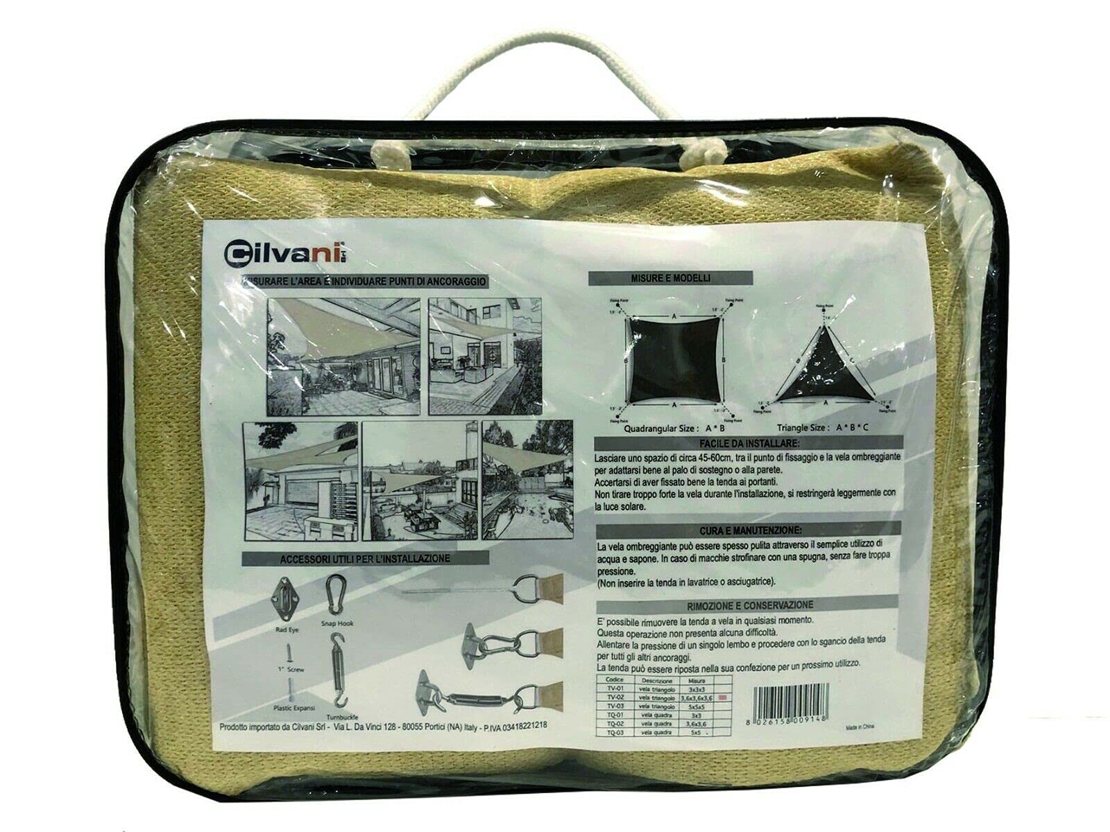 Tenda A Vela Triangolare e Quadra Ombreggiante Parasole Beige Hdpe con Corde e Anelli Acciaio185gr/mq (QUADRA 3,6X3,6)