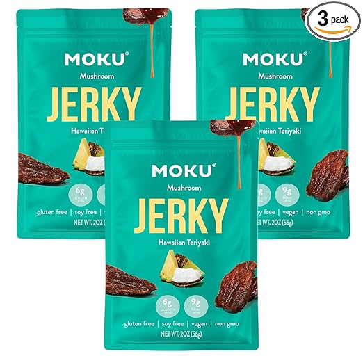 B08QYWMQMoku Plant-Based Mushroom Jerky, Hawaiian Teriyaki (3 Pack), Gluten Free, Soy-Free, Non-Gmo Vegan Snacks, No Artificial Sweetener Vegan Food, Healthy Snacks, 2.0 Oz Ea