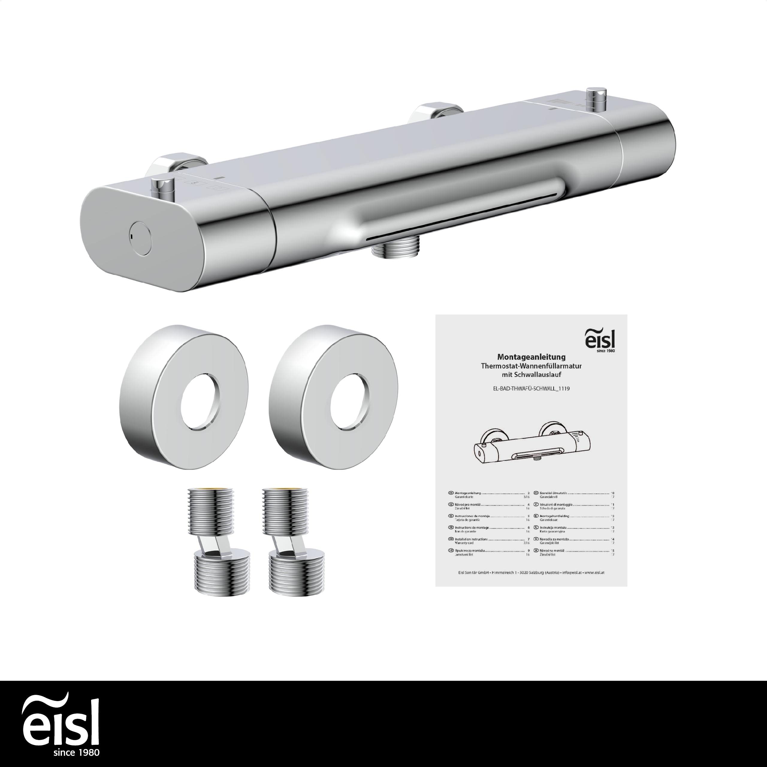 EISL 1330090 CARNEO, rubinetto vasca da bagno, miscelatore con controllo termostatico, bocca a cascata, blocco di sicurezza a 38°C, miscelatore vasca da bagno, cromo