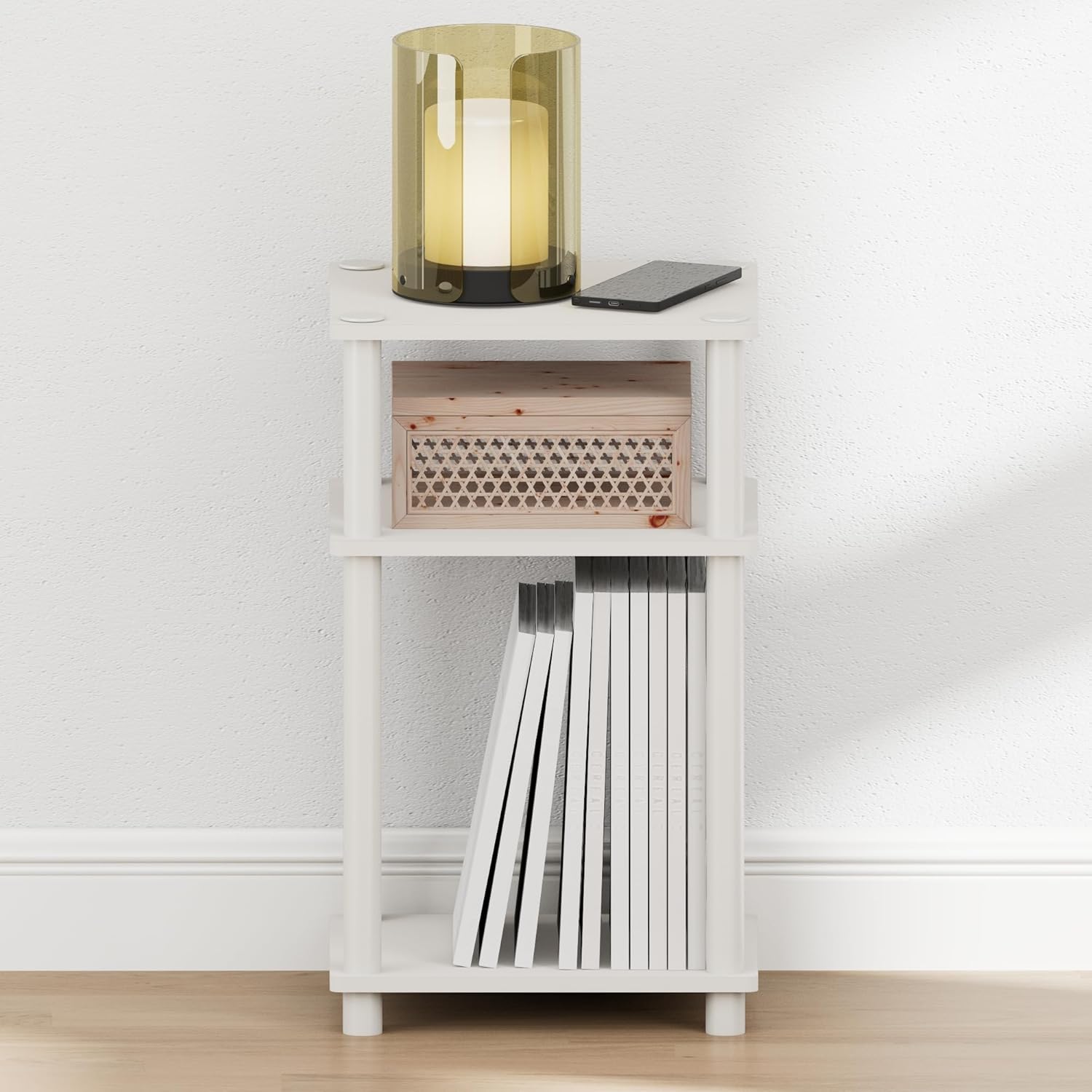 Furinno Just Turn-N-Tube Open Storage Nightstand, 1 Pack, 3-Tier, White/White