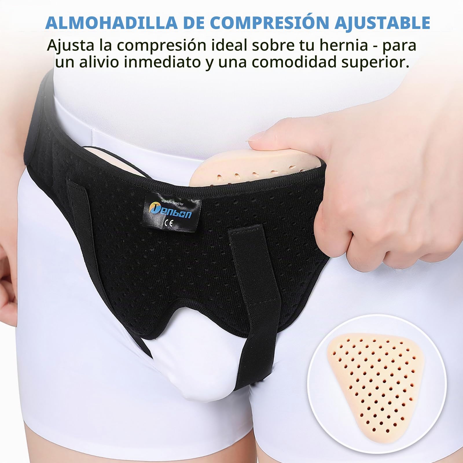 Tenbon Cinturón Soporte Hernia Inguinal Hombre Mujer - Braguero Postoperatorio/Preoperatorio Universal con Almohadillas Extraíbles, Alivia Dolor Ingle Izquierdo/Derecho, Correa Ajustable (Large)