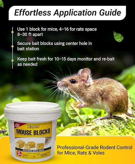 Kaput Mouse Blocks, Rodent Bait for Mice & Rats, Warfarin Vole Killer for Indoor/Perimeter Use, Kills Rodents with Consistent Feeding - Ideal for Homes, Farms & Transport Areas (4 lbs)