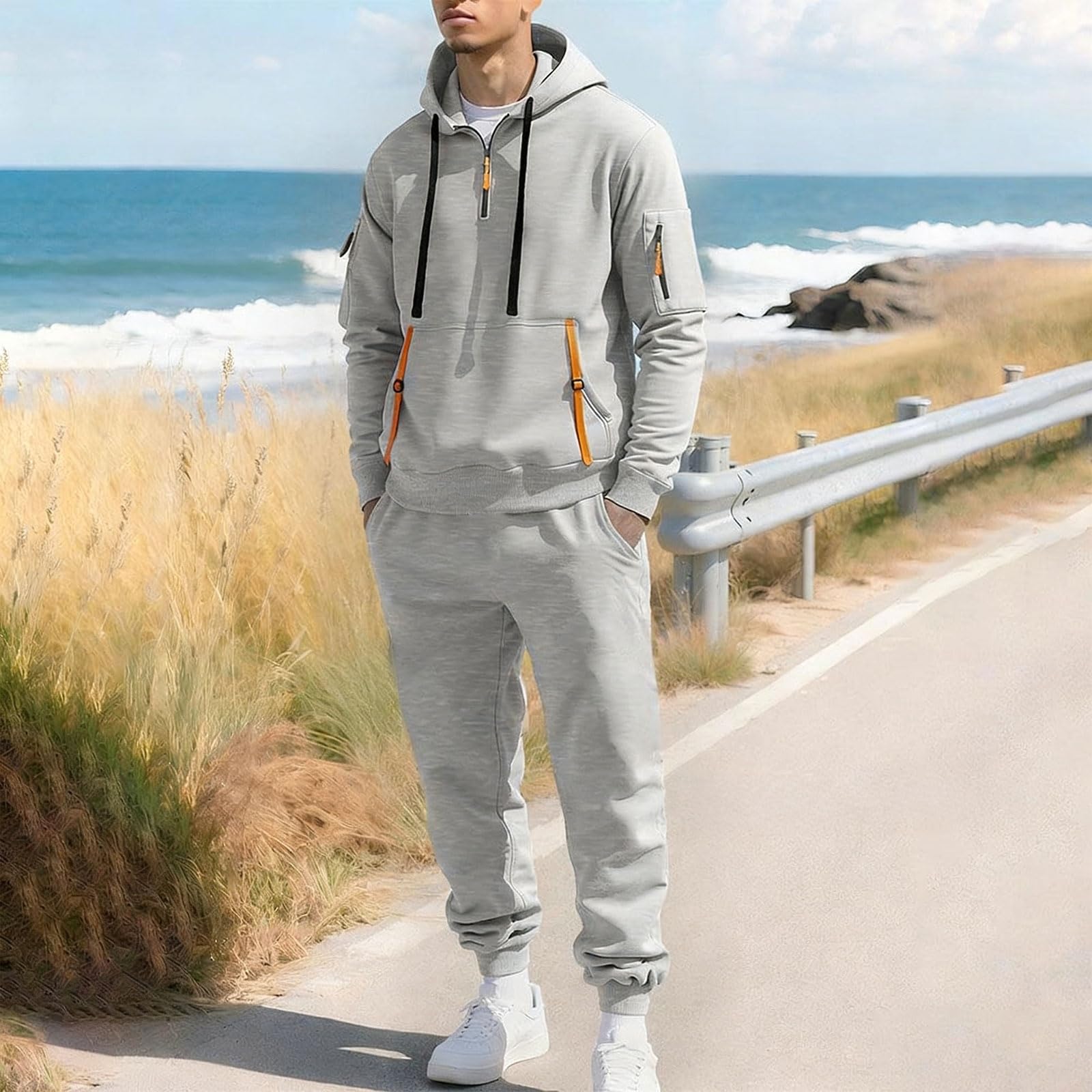 Conjunto de entrenamiento de invierno para hombre, sudadera con capucha térmica y cremallera con múltiples bolsillos, conjunto personalizable personalizable para hombre, sudadera con capucha térmica