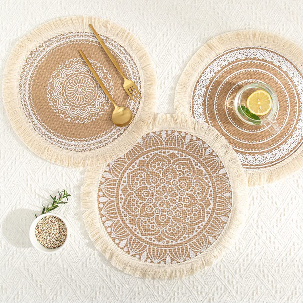 Duories Round Woven Jute Placemats, Boho Mandala Tassel, Set of 2 Black, White, 38 cm x 19 cm, Pattern #15, 2-Set - Image 2