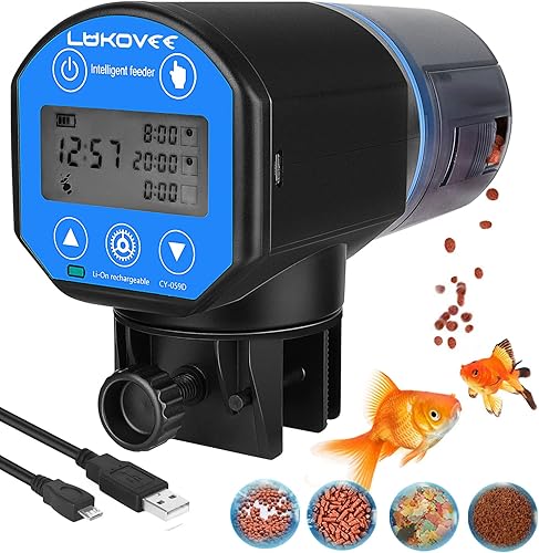 Lukovee Comedero automático para peces, pantalla de tiempo de alimentación de nueva generación, temporizador recargable por USB, a prueba de