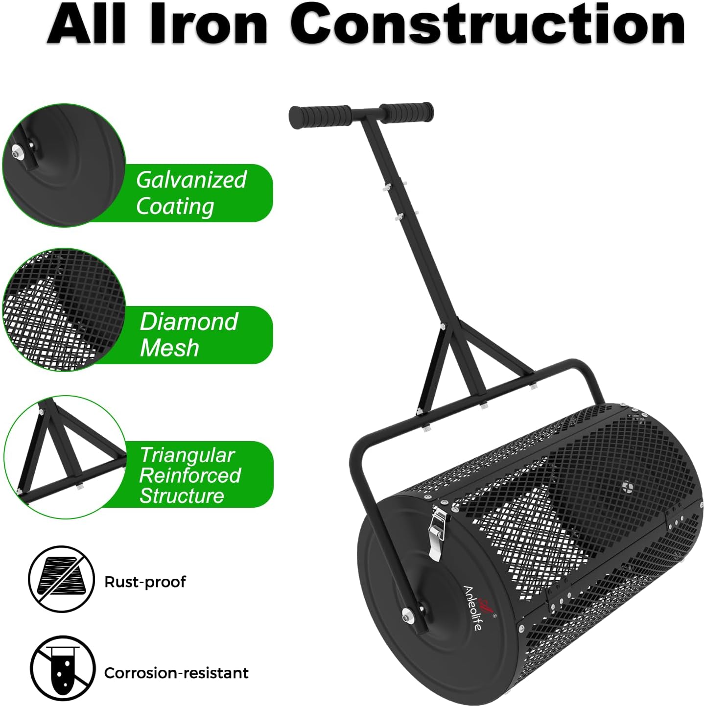 A ANLEOLIFE 24 Inch Compost Spreader, Lawn and Garden Peat Moss Roller with Side Latches, 24-31.1" Height Adjustable Handle, Metal Mesh Basket for Spreading Topsoil, Manure, Mulch, Black