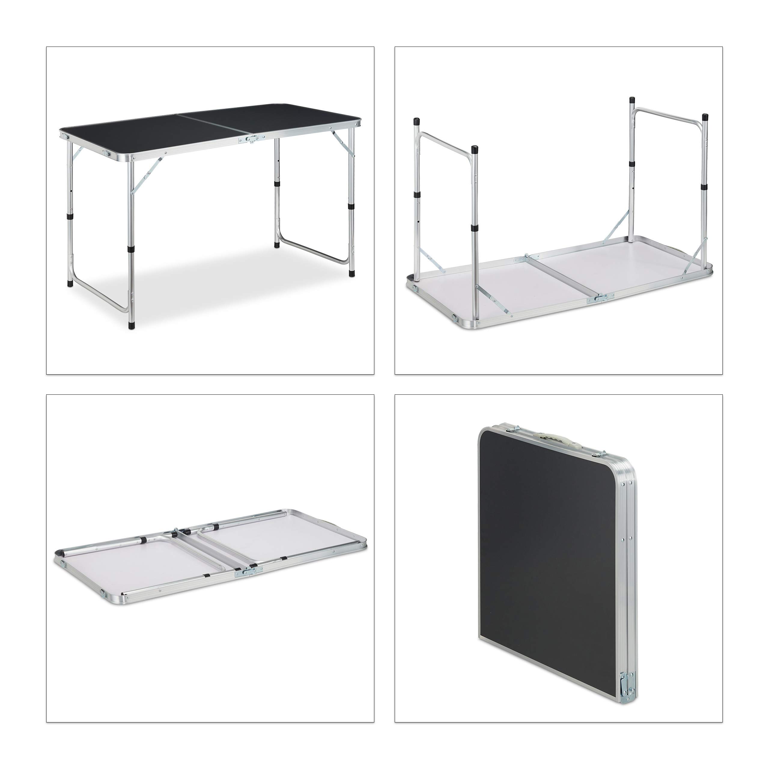 Relaxdays Tavolino da Campeggio Pieghevole, Alluminio, MDF, Tavolo Regolabile in Altezza, 120 x 60 cm, Argento/Grigio