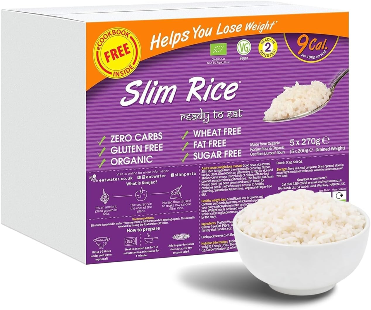Slim Rice 270g Enviro Pack of 5 - Made with Organic Konjac Flour, Keto Paleo Diet & Vegan Food, Low Carbohydrates & Low Calorie Diet | Zero Sugar Food
