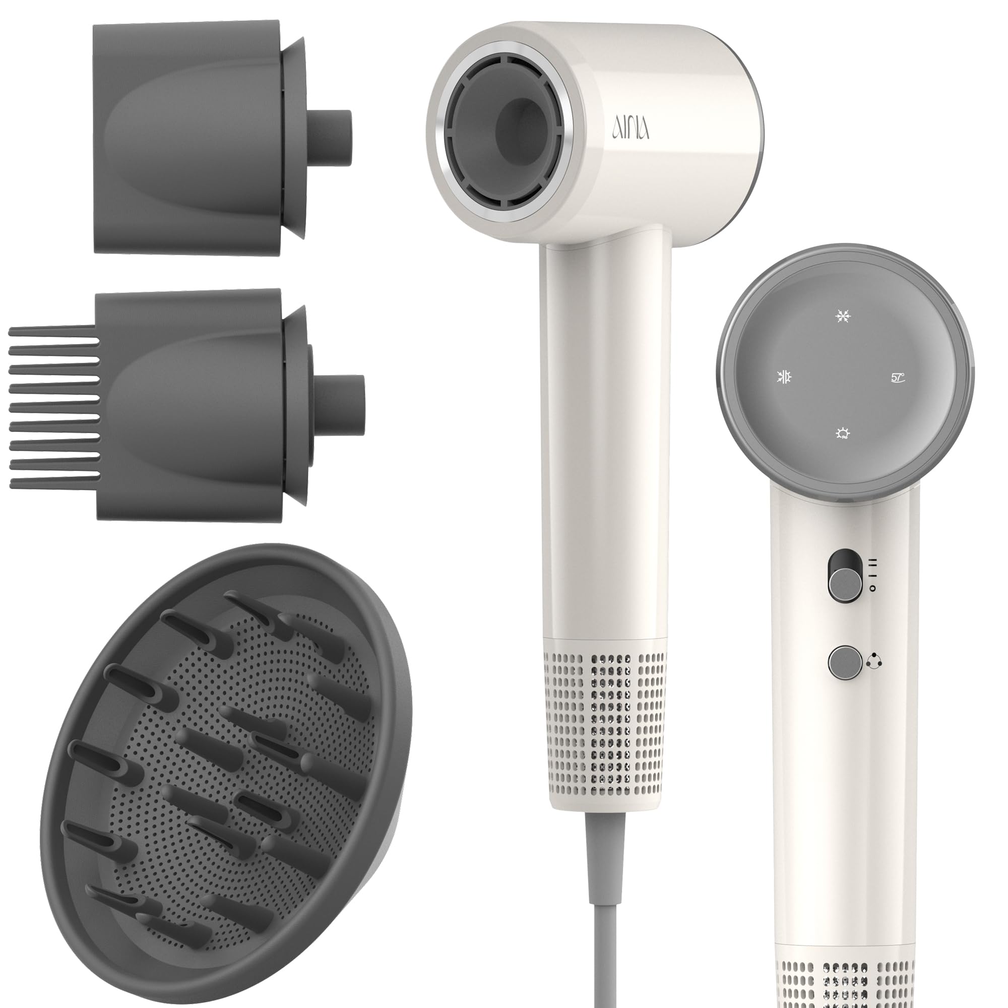 AINA Hair Dryer,Blow Dryer with Diffuser Brush Comb for Women - BLDC Hair Dryer - Brushless Motor, 110,000 RPM Lightweight,Ionic Travel, 3 Magnetic Attachments 110V/ALCI(Ivory White)Global Recycled StandardGlobal Recycled StandardGlobal Recycled Standard