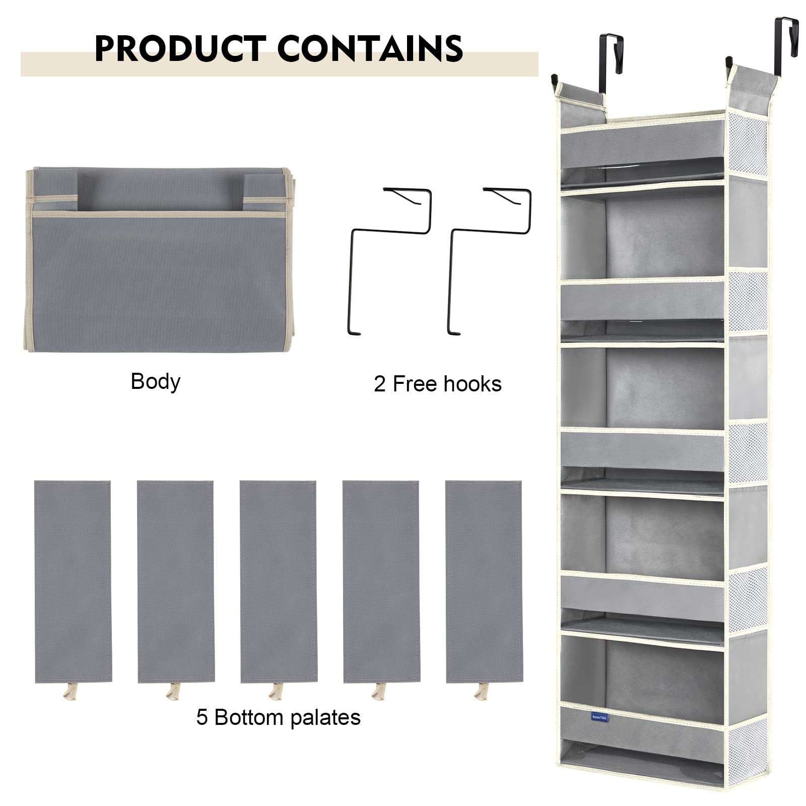 Organizador sobre la puerta, 5 estantes y 10 bolsillos laterales, almacenamiento sobre la puerta para baño, dormitorio, guardería, organizador de puerta colgante para pañales de bebé y 7