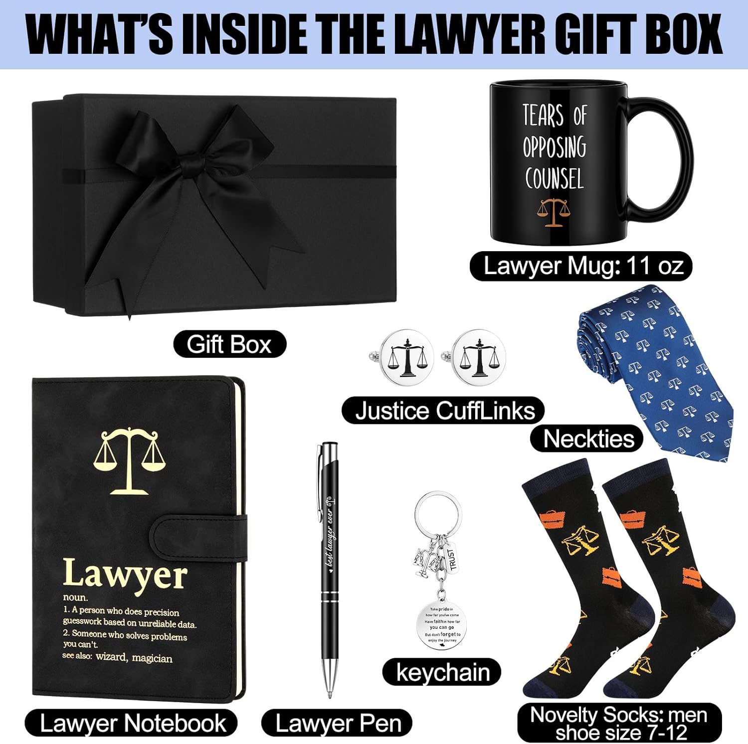 7 Pcs Lawyers Gifts Set for Men Include Leather Journal 11 oz Tears of Opposing Counsel Coffee Mug Law Pen Necktie Justice Cufflink Novelty Socks KeyChain Gift for Attorney Judge(Blue) - Image 2