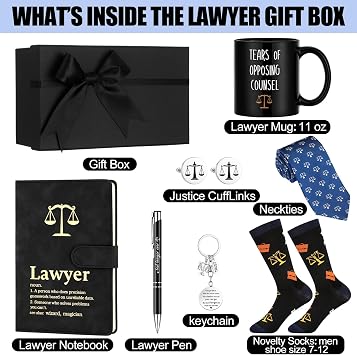 7 Pcs Lawyers Gifts Set for Men Include Leather Journal 11 oz Tears of Opposing Counsel Coffee Mug Law Pen Necktie Justice Cufflink Novelty Socks KeyChain Gift for Attorney Judge(Blue)