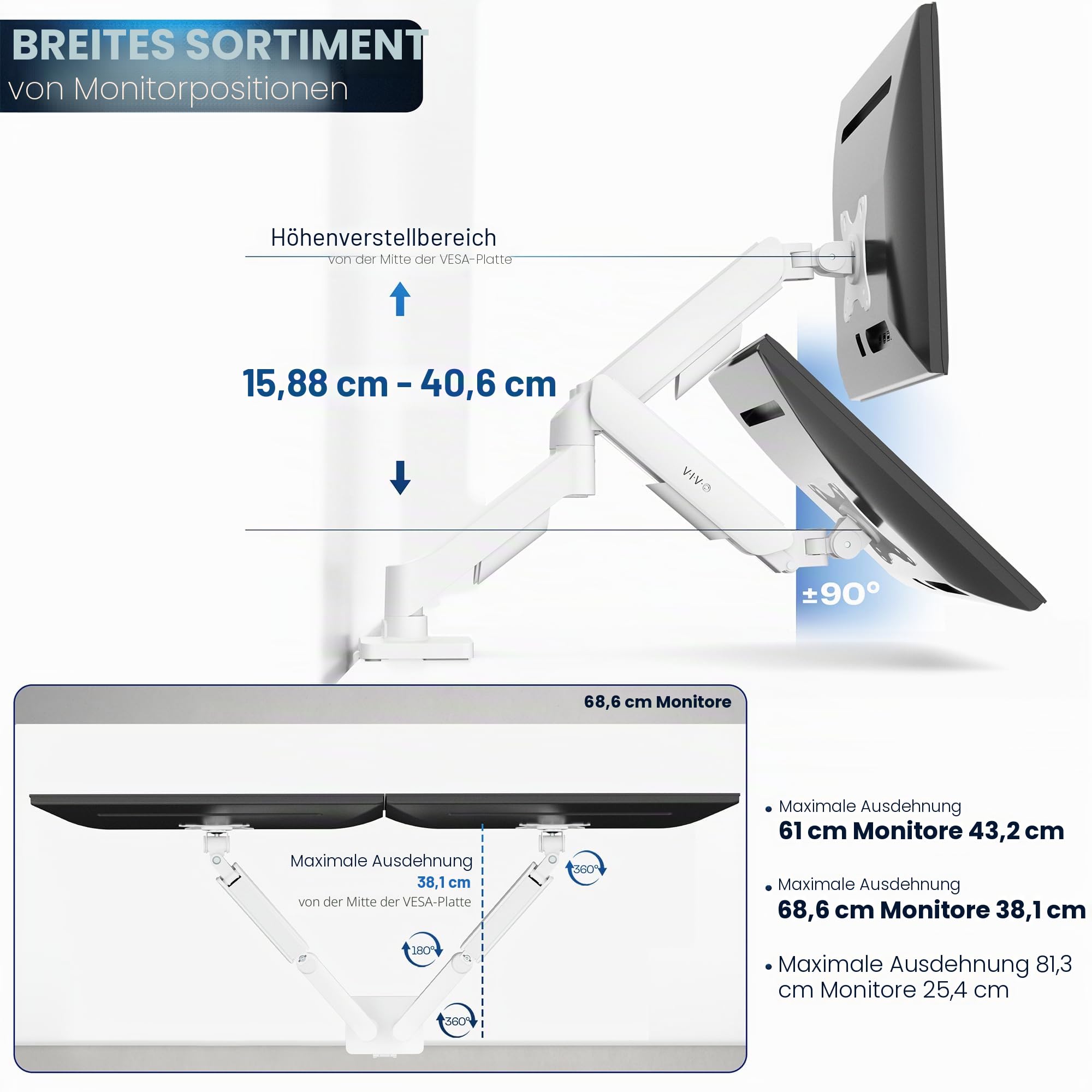 VIVO STAND-V002OW Dual-Monitor bis zu 81,3 cm (32 Zoll) und 9 kg pro Bildschirm, mechanische Arm-Schreibtischhalterung, Gelenk-Gegengewicht, VESA-Ständer, klassisch, Weiß