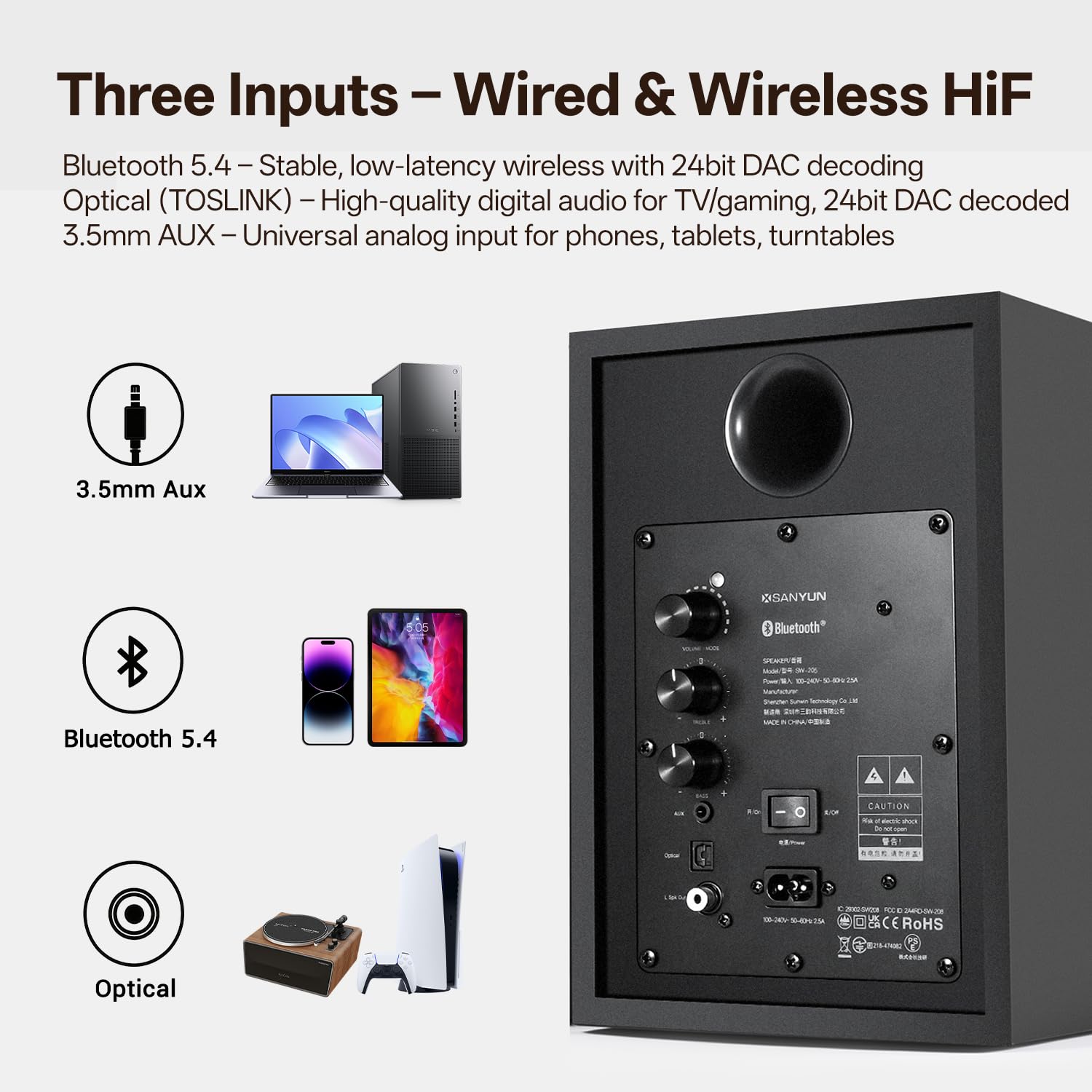 Sanyun SW205 Enceintes Bibliothèque 2.0 4”, Scène Sonore Élargie, Dual-DSP | DAC 24 bits Intégré, Bluetooth 5.4/Optique/AUX, Woofer Fibre de Verre 80W 10cm, Tweeter Soie, Télécommande RF (Paire, Noir)