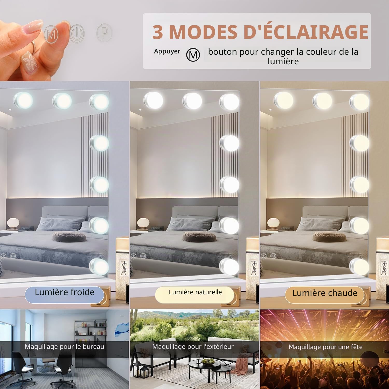 Miroir de courtoisie Hollywood avec lumières, grand miroir de maquillage éclairé de 50×42 cm avec 14 ampoules à intensité variable, 3 modes de couleur, contrôle par écran tactile, miroir