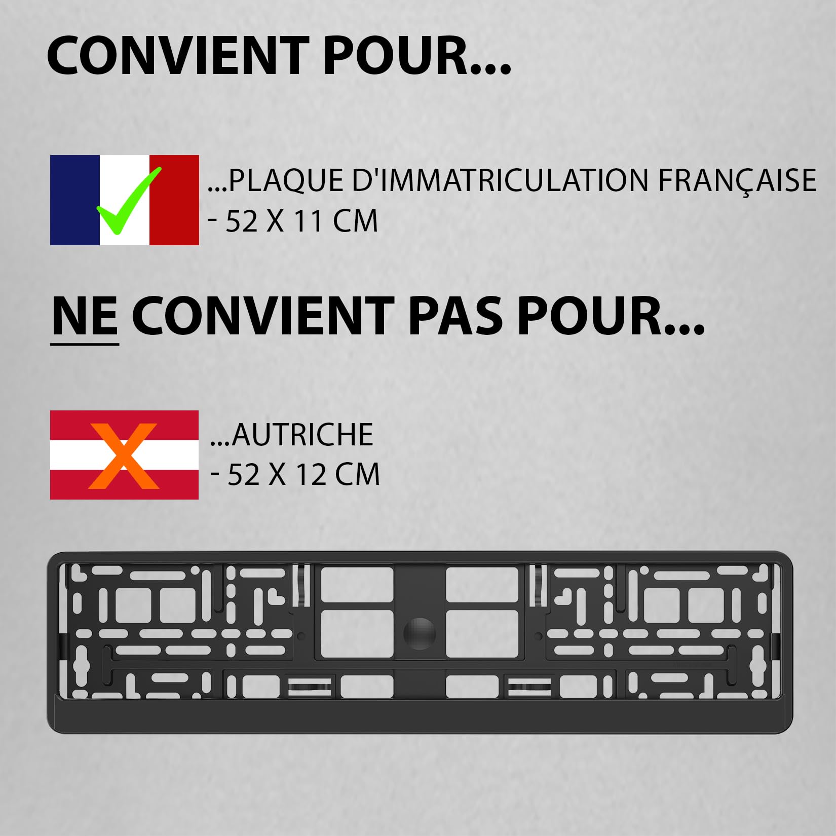 Support Plaque Immatriculation Voiture - [Simple, Durable et sur] - Lot de 2 avec 8 Vis - 520x110 mm - Noir et Discret - Auto Porte Plaque Immatriculation adapté pour Toute Voiture - Fixation Plaque