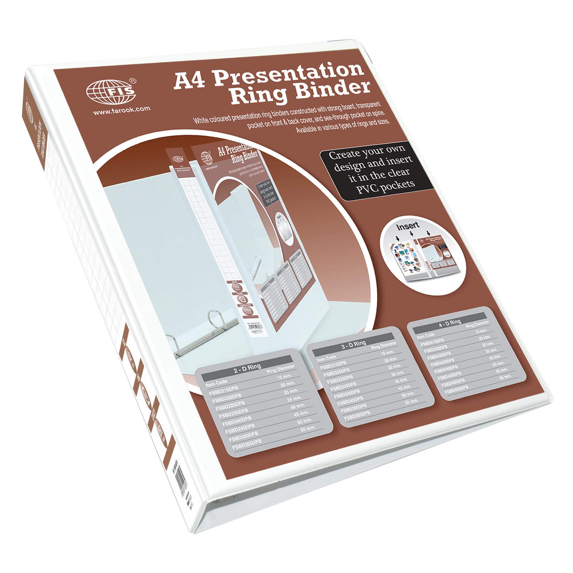 FISPresentation Binder 4D Ring, A4 Size(210x297mm), 40mm D Ring Size, 2.25" Inches Spine Size, White Color- FSBD440DPB