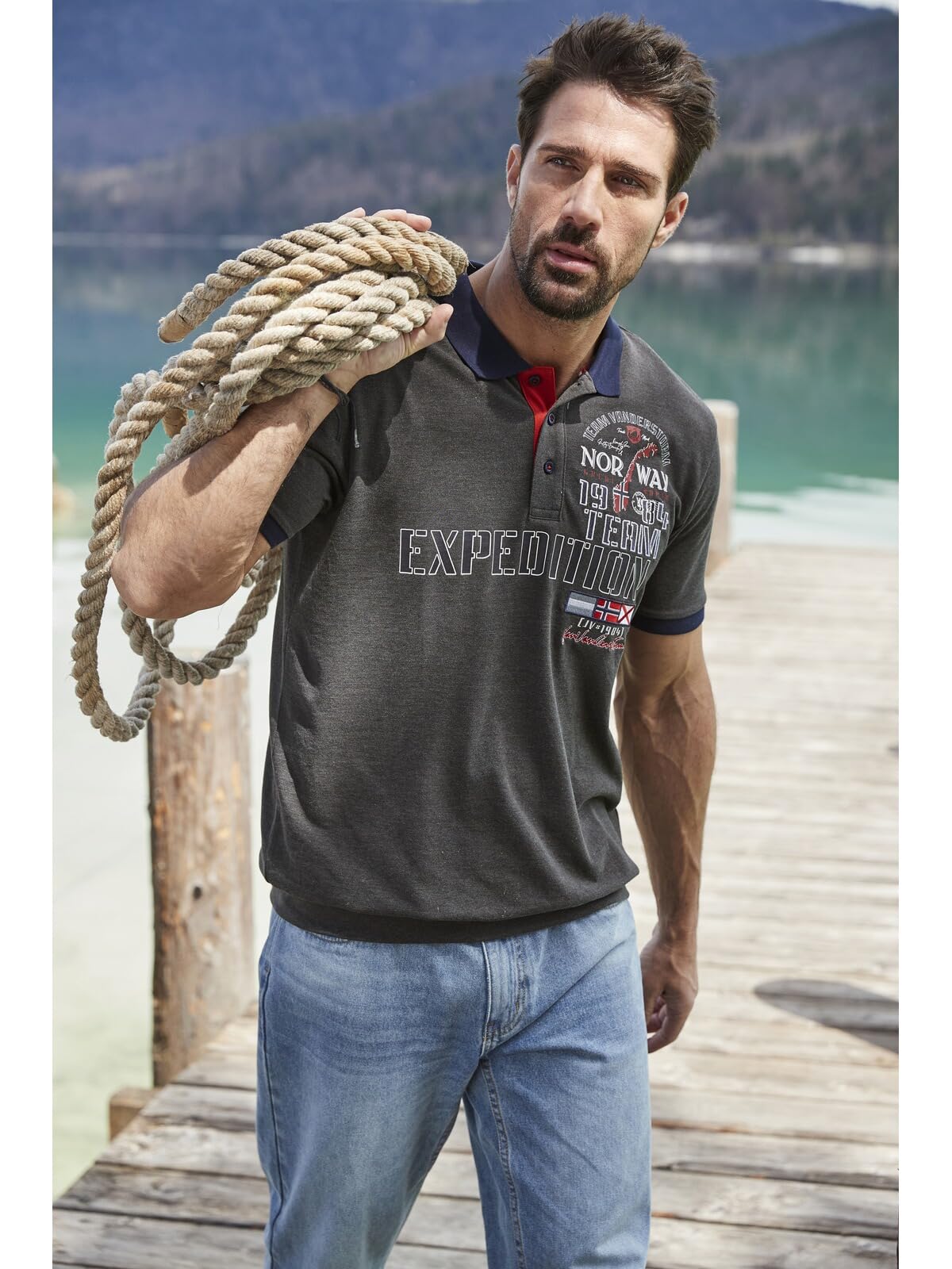 Jan Vanderstorm Herren Poloshirt Erling | kurzarm, Knopfleiste|großer Audruck | reine Baumwolle |große Größen L-7XL