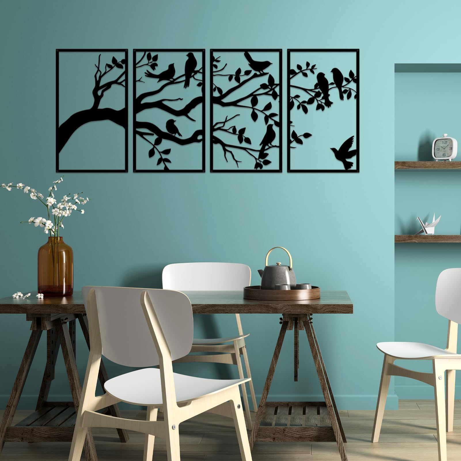 ruelen 4 Pieces Metal Birds and Branch Wall Art, Tree of Life Metal Wall Art, Black Leaves with Birds Silhouette Hanging Wall Sculpture - Image 3