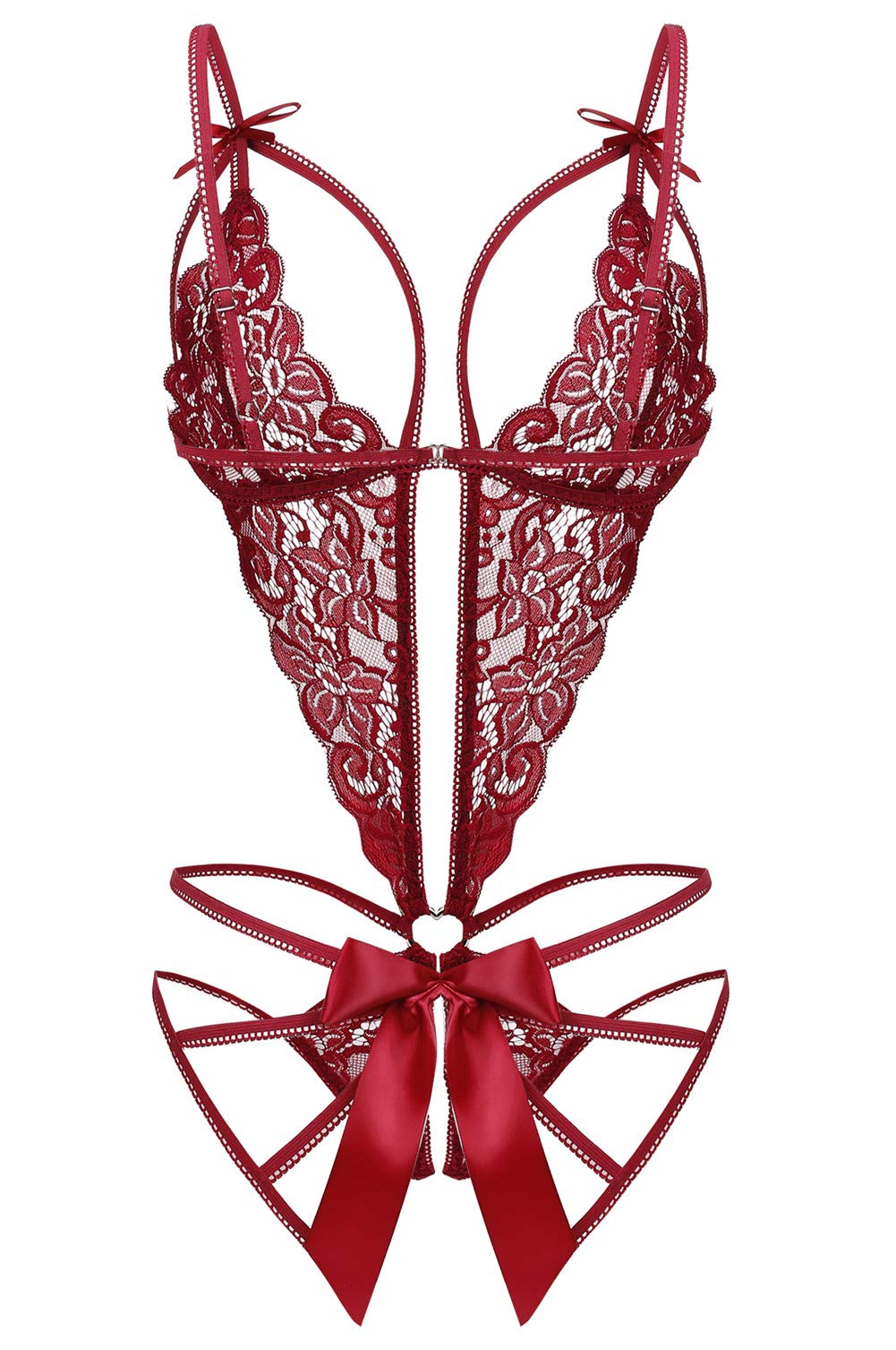 Donnalla Women's Deep V Lace Teddy One Piece Lingerie Cutout Strappy Lingerie: Medium Dark Red
