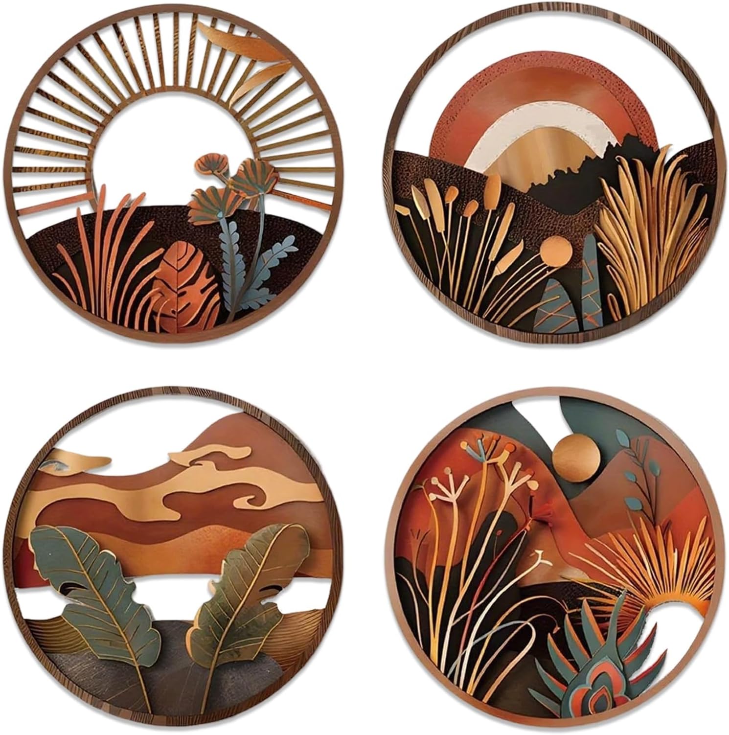 4pcs Boho Round Wooden Hanging Plaques, Handmade Boho Style Indoor Wall Art Decorations for Living Room, Bedroom, Home, Rustic Hanging Decor, Wall Plaques with Hooks