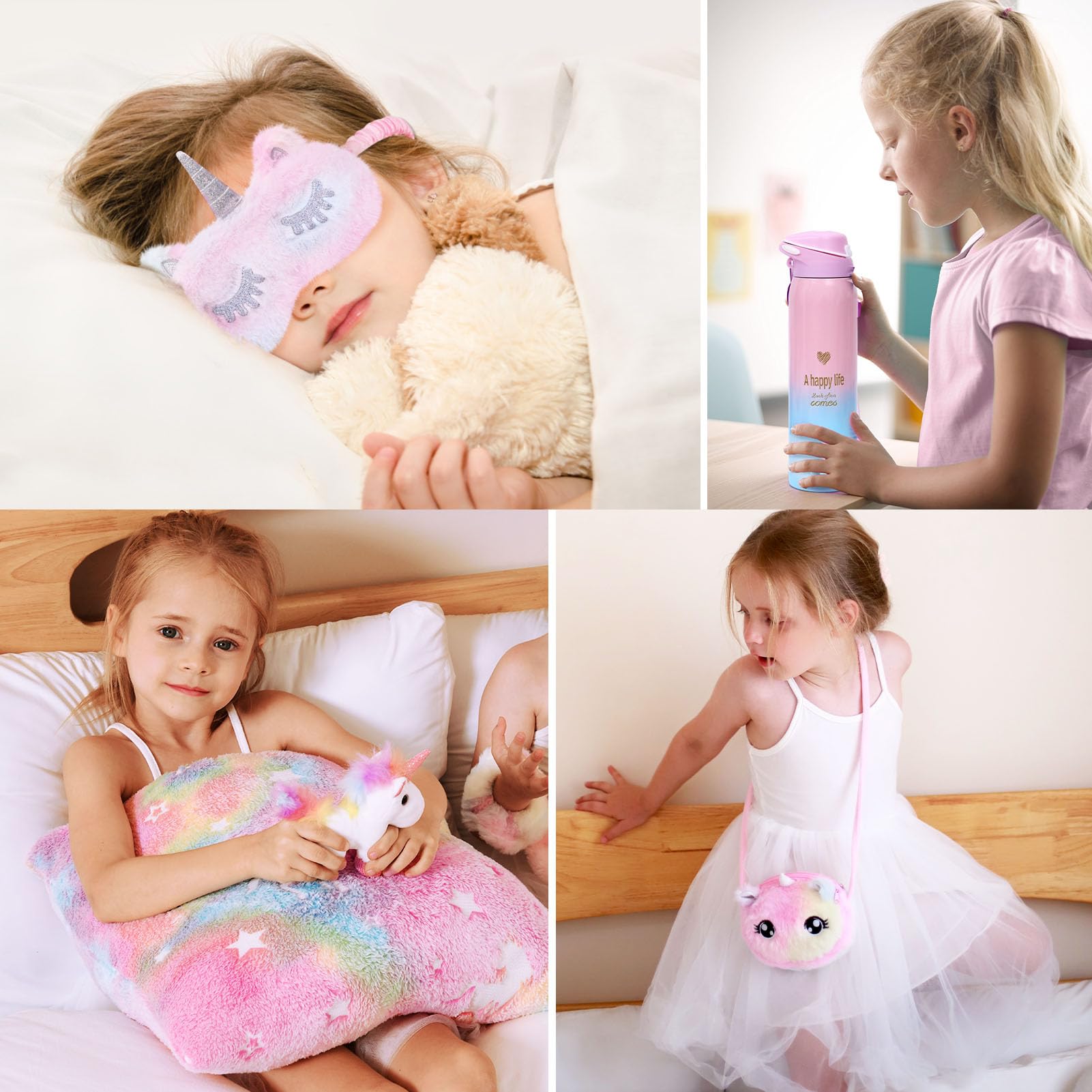 Toyssa Einhorn Geschenke für Mädchen 5-10 Jahren Leuchtend Kuscheldecke Kissenbezug Thermosflasche 500ml Badebomben Augenmaske Geburtstag