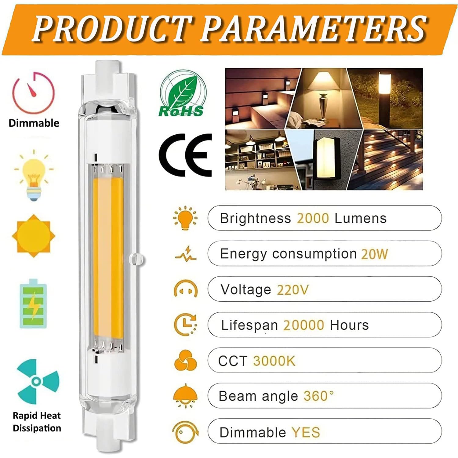 Lampadina LED R7S 118mm Dimmerabile 30W - Bianco Naturale 4000K, Equivalente 300W Alogena, 2 Pezzi