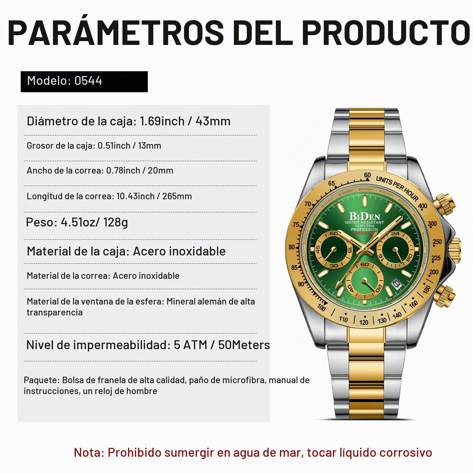 HANPOSH Reloj Hombre Cronógrafo de Acero Inoxidable(Plata Oro Verde11)