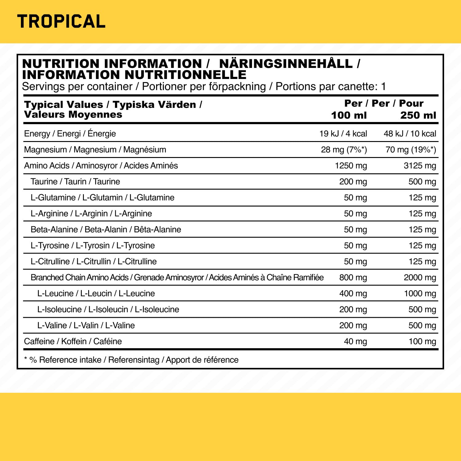 Optimum Nutrition Essential Amino Energy + Electrolytes, boisson énergétique EAA sans sucre, prête à boire, avec électrolytes et caféine, pré-entraînement pour hommes et femmes, Tropical, 24x250 ml