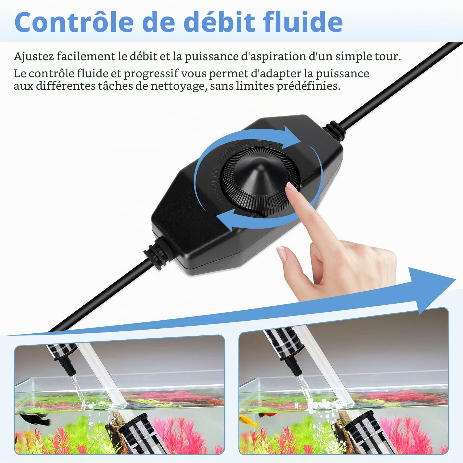 AQQA Nettoyeur de gravier d'aquarium, nettoyeur de gravier DC 18 W amélioré, kit de nettoyage de sable d'aquarium réglable, aspirateur électrique 7 en 1 pour changement d'eau, lavage du sable et
