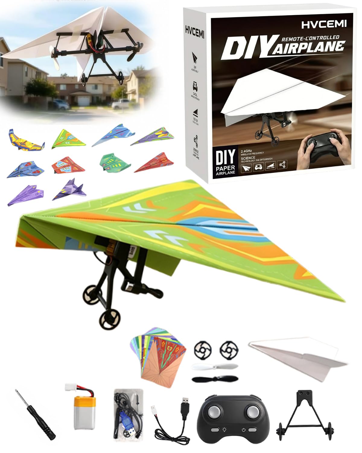 Rc Paper Airplane Motor Kit DIY Model Airplanes Launcher Construction Set with Gyro Stabilizer Dual Propellers Foldable Electric Remote Control Plane Drone Stem Toy Tech Gadgets Gifts (with Plane D)