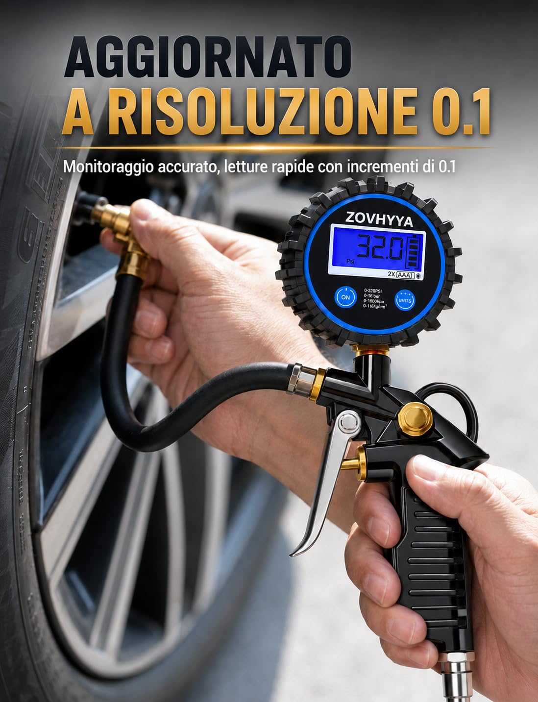Manometro Pressione Gomme Professionale 220PSI Manometri per Pneumatici Pistola Gonfiaggio Pneumatici con 4 Tappi Valvola 2 Ugelli 1 Valvola Francese 1 Stelo di Prolunga in Metallo 90 Gradi