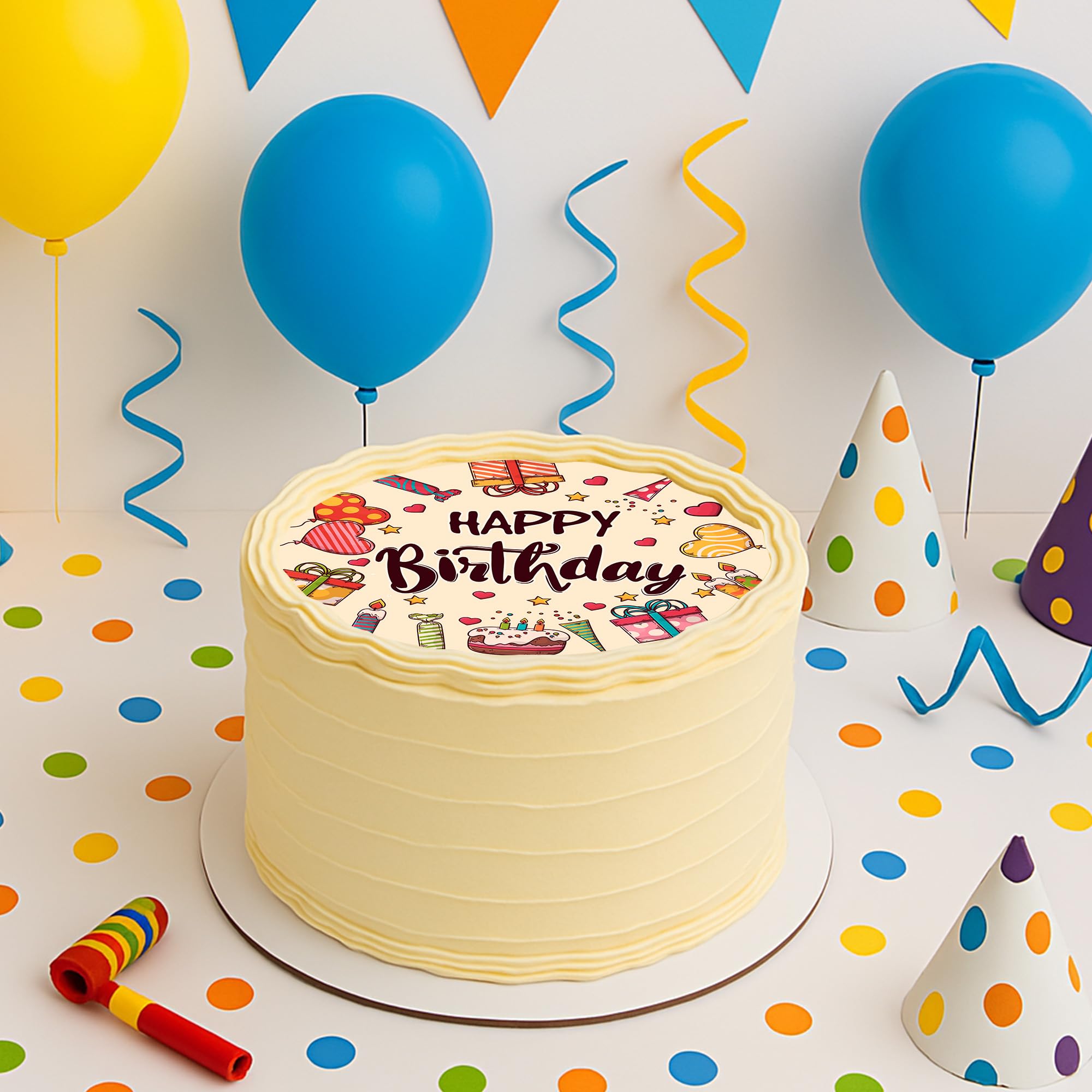 J&M DECO Opłatek na tort Happy Birthday Ø20 cm – jadalna dekoracja urodzinowa z napisem – topper urodzinowy dla dzieci i dorosłych – bezglutenowy i wegański