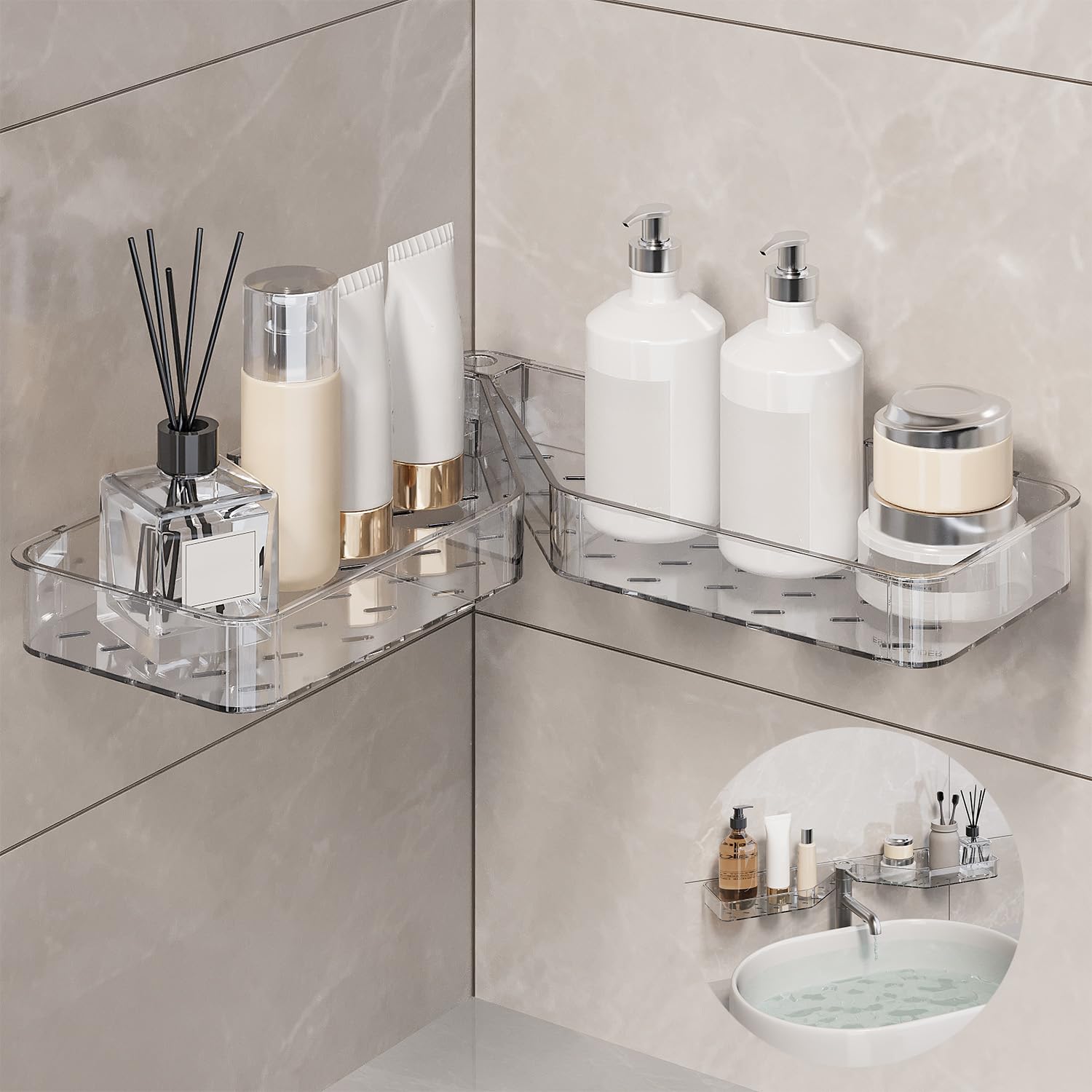 TCooSo Shower Shelf Adhesive Acrylic Corner Shower Caddy Hanging for Bathroom Kitchen Organization Rotatable No Drilling Bathroom Shelves