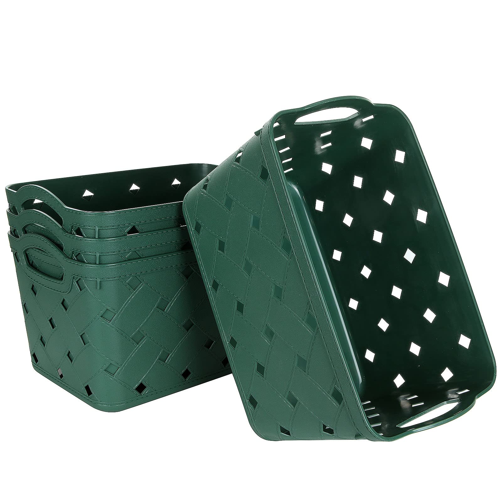 ASelected4 Pack Plastic Woven Storage Basket With Handles, Middle 27.5x18.5x17.5cm, Beautiful Fashionable, Skin Pattern Cross Woven, For Kitchen, Living Room, Office, Bathroom, Bedroom, (Green)
