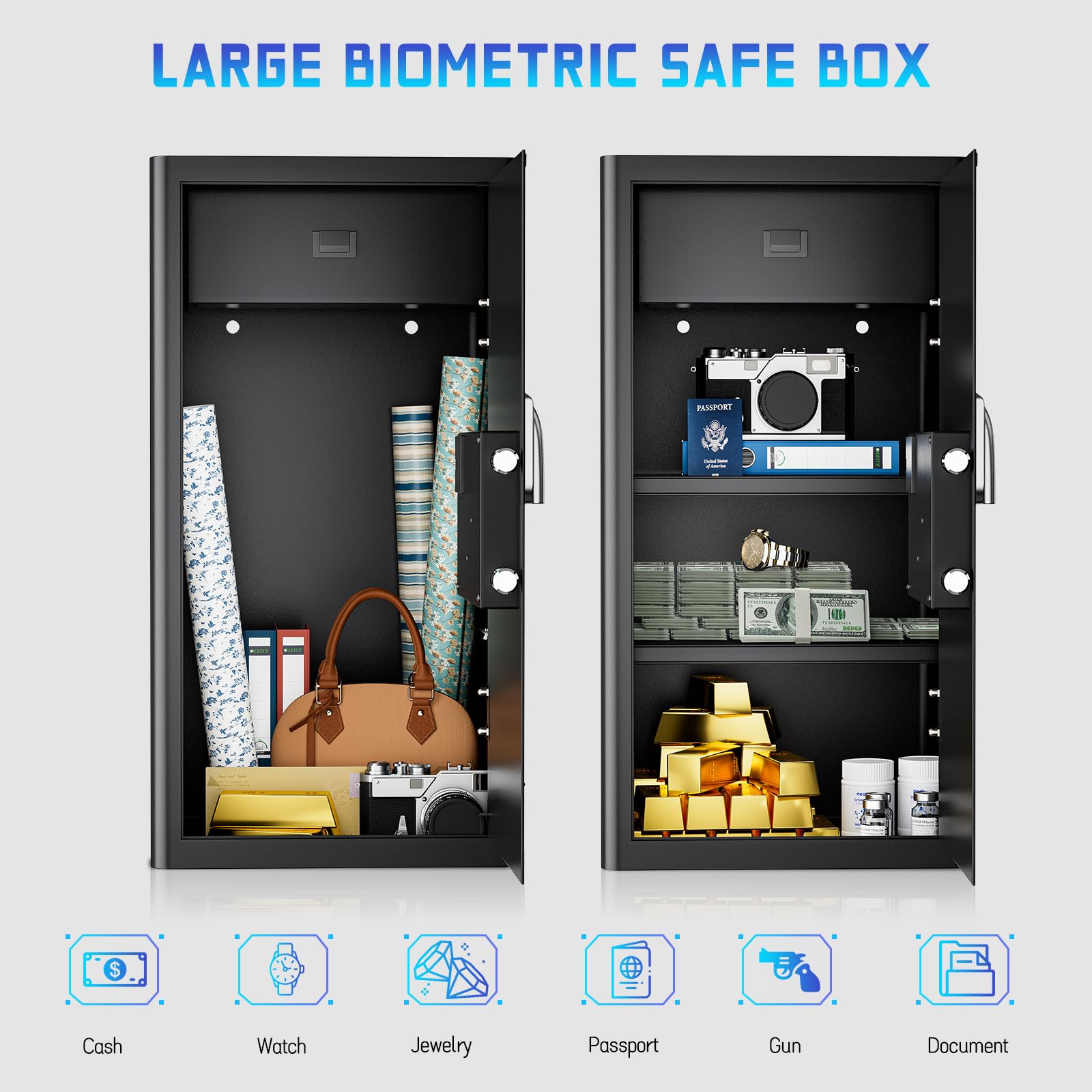 WASJOYE 103L Großer Fingerabdruck Tresor für Zuhause, Safe mit Feuerfeste Schublade, Biometrischer Möbeltresore, Tresor mit 2 Schlüssel, Büro Hotel Geld Dokument Schmuck Reisepass, 70 * 37 * 40cm