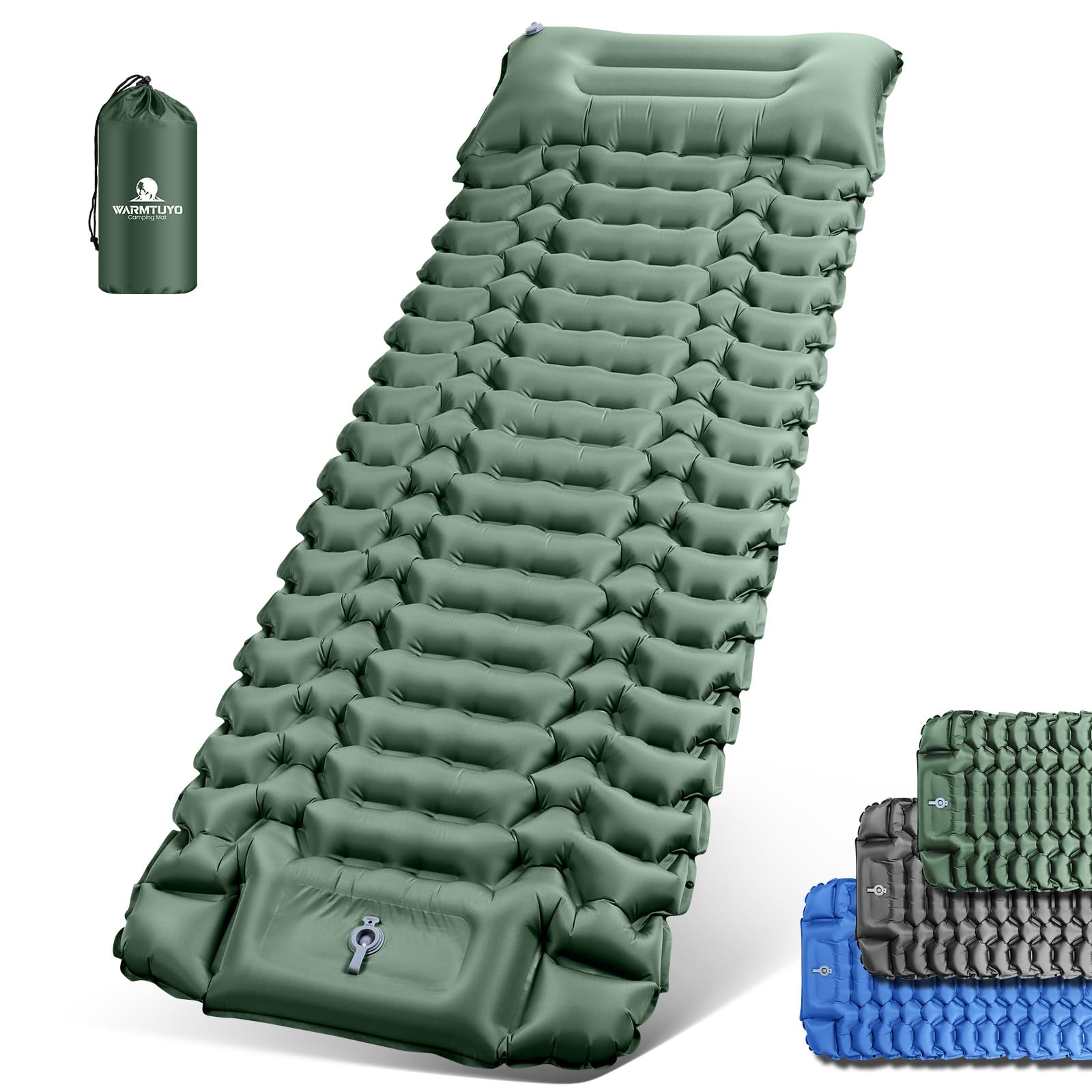 WARMTUYO Isomatte Camping, Ultraleicht Camping Aufblasbare Matratze mit Fußpresse Pumpe und Kopfkissen, Faltbare Wasserdicht Luftmatratze Anti-Ripstop Schlafmatte für Wandern, Strand, Outdoor