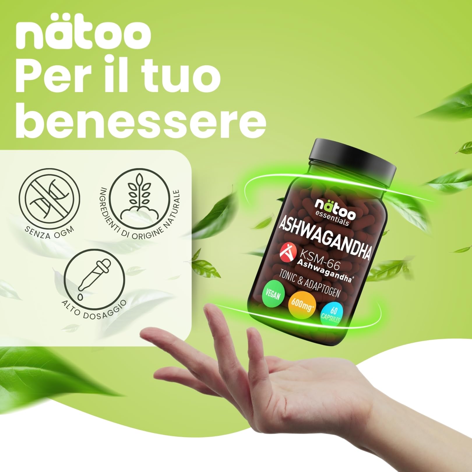 Bio Ashwagandha Ksm-66 Aiuta ad Abbassare il Cortisolo 60 Capsule Vegetali con Withania Somnifera 600 Mg per Dose Integratore Ashwagandha Pura (Ginseng Indiano), Qualità Premium KSM 66, Vegano